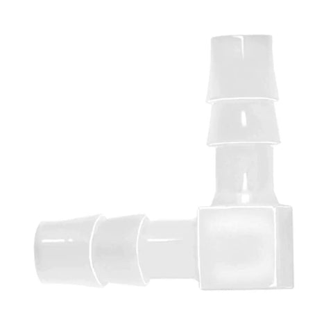 JoyTube plastic 1/4 in hose barb elbow fitting, white 90-degree L-shaped connector.