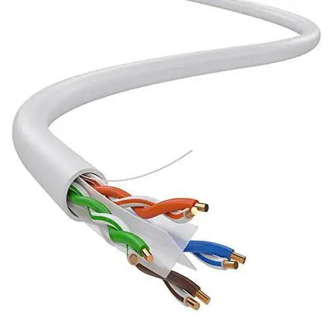 Close-up of Cat6 Ethernet Cable 1000ft Bulk White, High Speed 550MHz UTP Cable, showcasing 23AWG CCA conductors, solid core for gigabit network use.