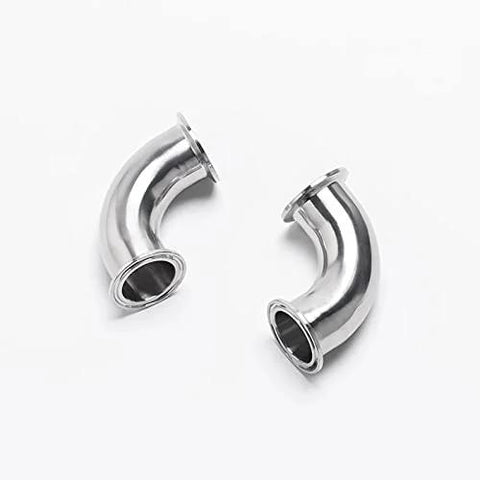 Two stainless steel 1-1/2 in tube OD 90-degree tri-clamp sanitary elbows