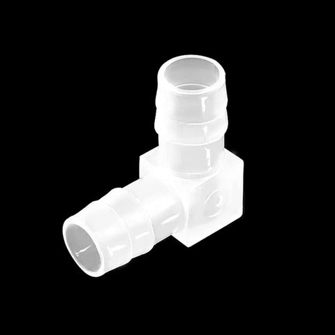 White plastic 1/2 in hose barb 90-degree elbow L-fitting with square body
