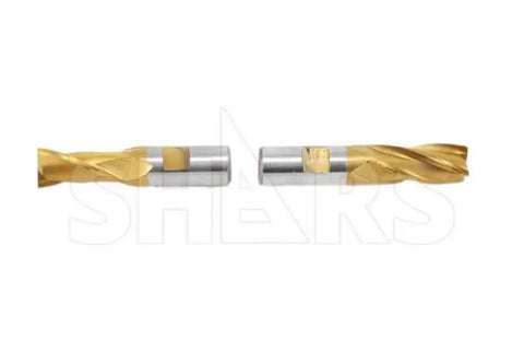 Tin Coated HSS End Mill Set With 2 And 4 Flute, Single End, Center Cut, 20 Piece, 3/16 To 3/4 Inch Range, Includes Four Shank Sizes 3/8, 1/2, 5/8, 3/4 For CNC Milling And Metalworking, front view of end mills with tin coating