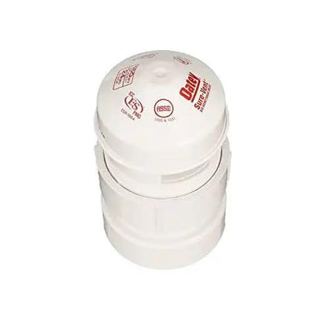 Sure Vent Air Admittance Valve 1 1/2 To 2 In DWV with White PVC Sch 40 Adapter, front view with printed labels