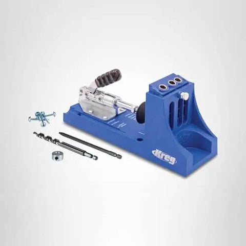 Front view of K4 Pocket Hole Jig For Pros And DIYers With Adjustable Easy To Use Drill Guides shown with accessories.