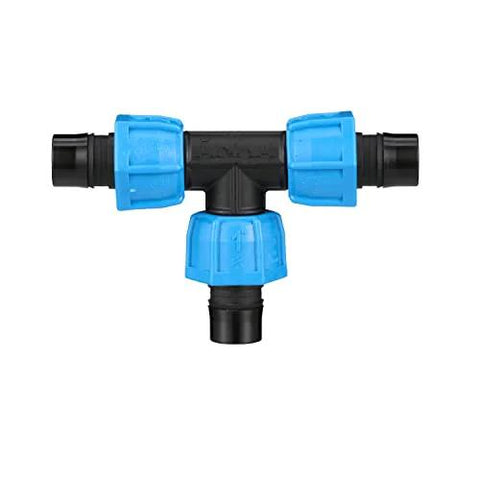 1-inch poly-pipe three-way tee fitting with blue tapered nut seals on a black body for irrigation