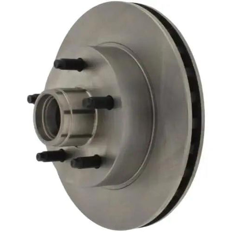 Front view of brake rotor with hub assembly and wheel studs, metallic silver finish