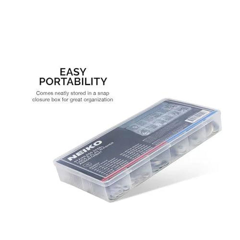 NEIKO 50400A stainless steel lock and flat washer set, 350 pieces, 12 sizes, in clear case.