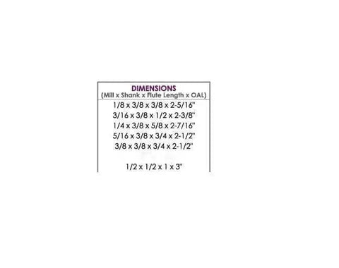 Dimensions chart for Six Piece Ball Nose End Mill Set Workhorse With Two Flute M2 HSS Bits Ranging From One Eighth To One Half Inch
