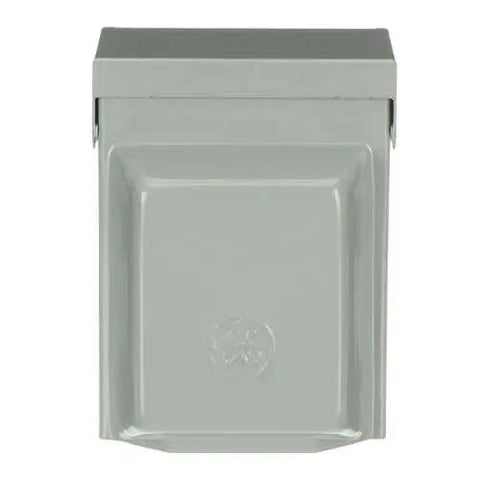 Front view of 60A 240V AC Pull-Out Disconnect Switch with GFCI Receptacle, enclosed in weatherproof NEMA 3R tamper-resistant metal.