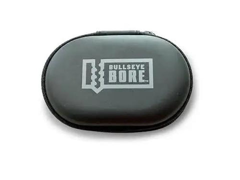 Bullseye Bore branded black case for Magnetic Drill Guide With Green Laser Alignment And Three Bright Patterns For Perpendicular Drilling.