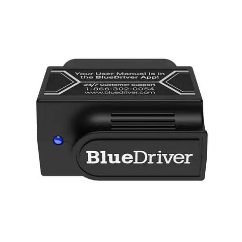 Professional OBD2 Bluetooth Car Scanner For iPhone And Android Read And Clear Codes Diagnose Check Engine ABS SRS Airbag 7000 Plus Vehicle Issues 1996 And Newer No Subscriptions BlueDriver in black with blue indicator light.