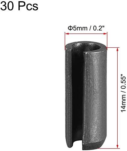 5mm By 14mm Slotted Spring Pins Kit, Smooth Finish Tension Pins, 65Mn Steel, side view of pin showing chamfered ends and measurements.