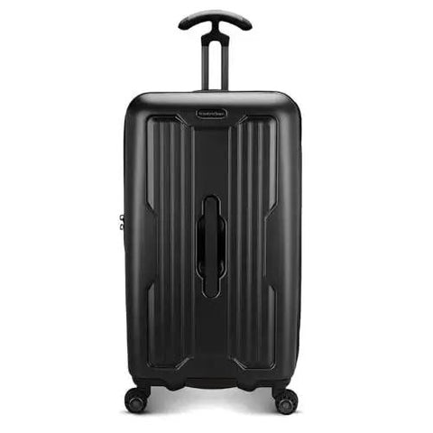 Front view of Ultimax II 26 Inch Spinner Luggage with Tie Down Straps Matte Black Built To Last Durable Polycarbonate Hardside Case.