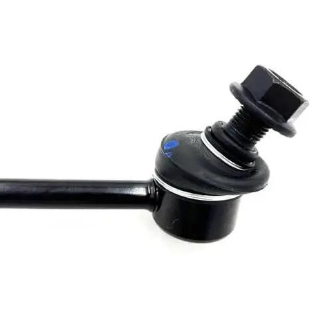 Front suspension sway bar end link, black metal with bolt and rubber bushing, side view.