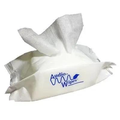 Hearing Aids Cleaning Towelettes Pouch Two Pack Alcohol Free Safe For Rubber showing white pack with open lid and visible wipe.