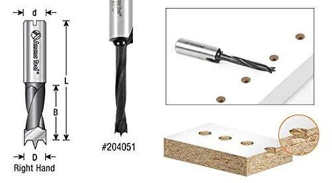 Carbide Tipped Brad Point Boring Bit Right Hand 6mm Diameter 70mm Overall Length 10mm Shank with precise drilling shown in use.