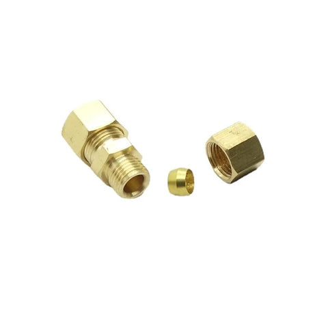 Brass compression fitting set, 3 pieces, 1/4 in tube OD to 1/4 in tube OD union connectors.