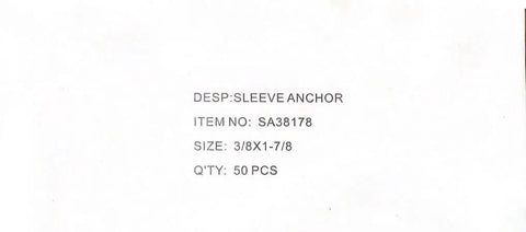 Text showing details of a Dynabolt Sleeve Anchor 3/8 Inch Diameter With 1-7/8 Inch Embedment, item number SA38178, quantity 50 pieces.