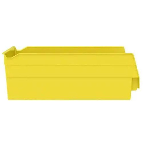 Side view of a yellow heavy duty plastic shelf bin for garage closet and drawer organization 12-inch by 11-inch by 4-inch, 12-pack.