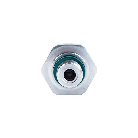 Front view of stainless steel industrial pressure transmitter sensor head with teal seal