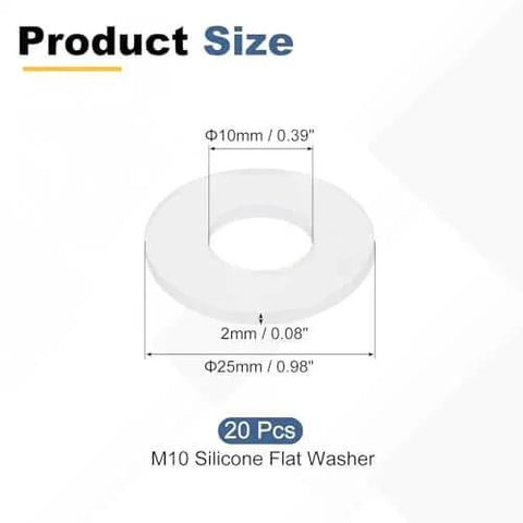 Silicone Flat Washers M10 Size, 20 Pcs, shown with dimensions 10mm ID, 25mm OD, 2mm thick, white, heat resistant, use for plumbing, faucets.