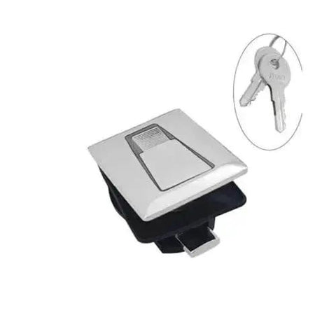 Front view: 316 stainless steel boat deck square locker latch with key; marine grade, corrosion resistant