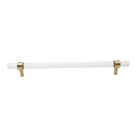 Brushed Brass And Clear Acrylic Cabinet Pulls, Modern T Bar Design, 11.2 Inch Total Length, 9 Inch Hole Center, 14mm Diameter Handle