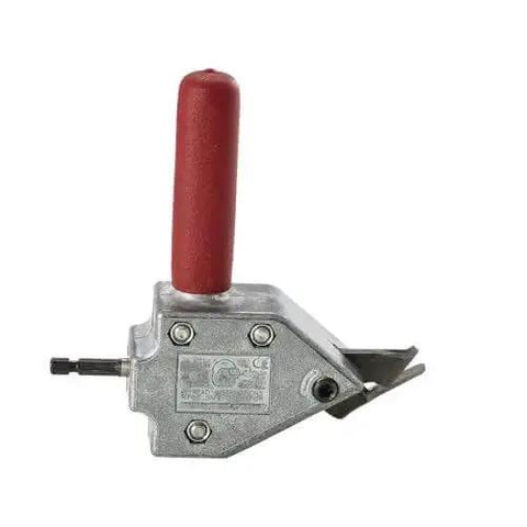 Turbo Sheet Metal Shear Attachment For Drills, 20 Gauge Capacity, lightweight aluminum head, side view with red handle and quick chuck insertion
