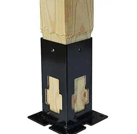 Close-up of wooden post secured with a black metal anchor, part of the Asphalt Anchor And Grout Kit With Four 1500 Pound Pull Rated SP10-38 Chemical Anchors.