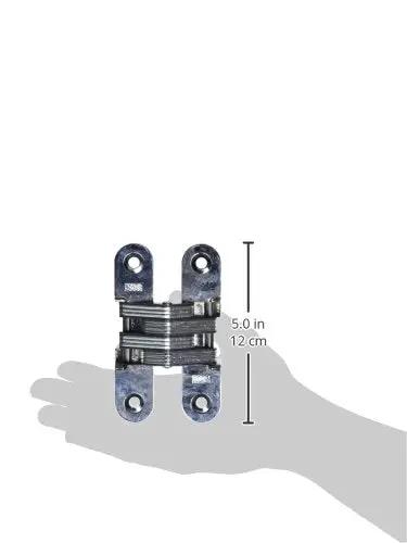 Hidden Fire Rated Invisible Door Hinge For One Three Eighths To One Three Fourths Inch Doors With 180 Degree Swing And Mortised See Through Design Zinc Bright Chrome Finish Model 216US26 SOSS shown on a hand for size reference