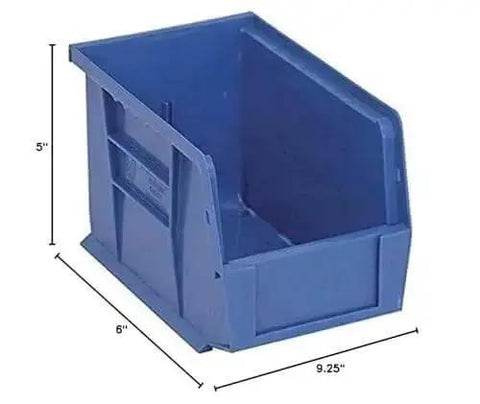 Side view of a blue Ultra Stack and Hang Heavy Duty Part Organizer Bin, 10 In L by 6 In W by 5 In H, Polypropylene Storage.