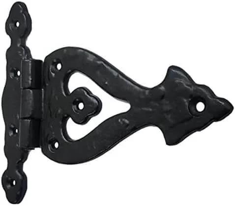 Alleluia Antique Cast Iron T Hinges Heavy Duty 5.3 Inch 2 Pack Matte Black Finish shown for rustic decor use
