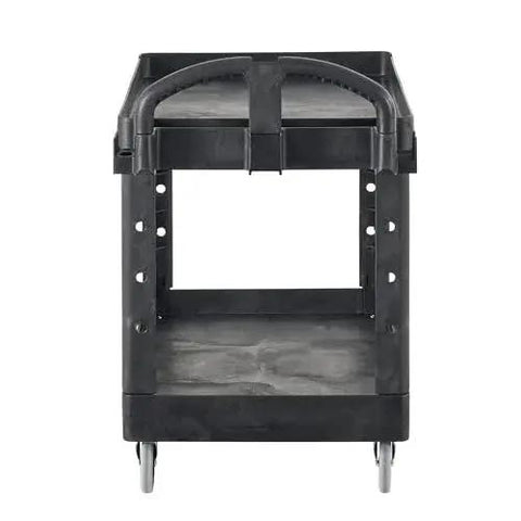 Two Shelf Foam Utility Cart With Lipped Shelves And Ergonomic Handle Black 500 Lb Capacity Durable Rolling Cart Front View
