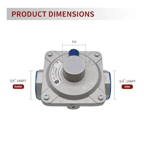 Top view of natural gas pressure regulator showing 3/4 inch FPT inlet and outlet dimensions, part of compact regulator for residential NG lines.