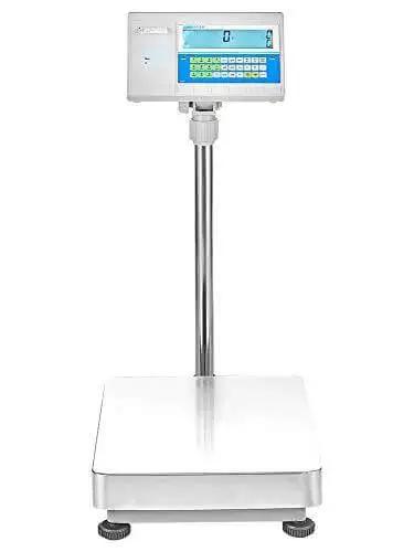 Front view of advanced label printing bench scale for inventory shipping and receiving 165 lb capacity with backlit LCD display.