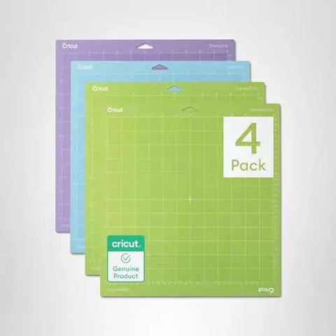 Four Piece Cutting Mat Variety Pack For Cricut Explore And Maker Machines 12 By 12 Inches Includes Two StandardGrip Mats One LightGrip Mat And One StrongGrip Mat Built Tough With Durable Reusable Adhesive For Vinyl Paper Cardstock And Iron On Projects, showing four mats stacked.