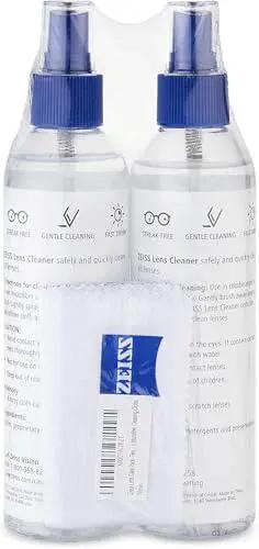 ZEISS Lens Care Pack Streak Free Spray And Microfiber Cloths For Glasses showing two 8 oz spray bottles and cloth in packaging