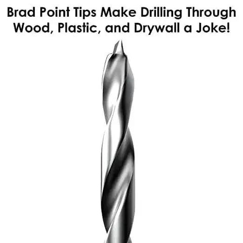 Close-up of a brad point drill bit for wood, part of the Extra Long 12 Inch Brad Point Drill Bit Set For Wood With Titanium Coated High Speed Steel Bits Pro Grade Pack Ten From One Eighth Inch To One Half Inch Includes Storage Sleeve For Deep Holes And Precision Woodworking.