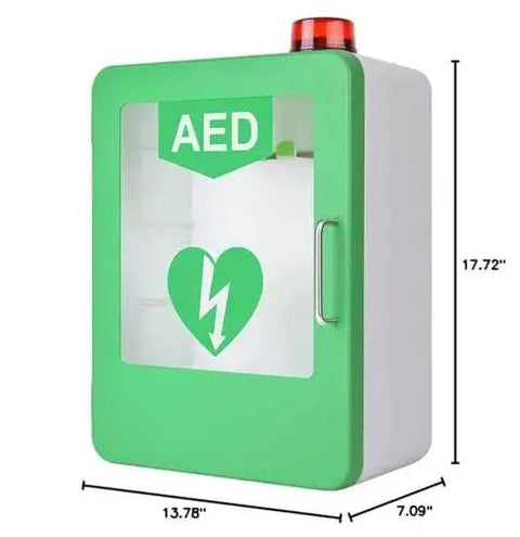 Wall Mounted Go-To AED Defibrillator Cabinet With Alarm, Keyed Lock And First Aid Case, durable steel enclosure front view with dimensions