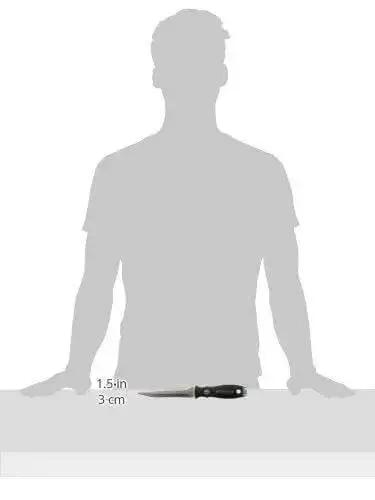 Stainless Steel Duct Knife With Hardened Blade And Overmolded Grip For HVAC Work, Serrated And Straight Edges next to silhouette for size reference.