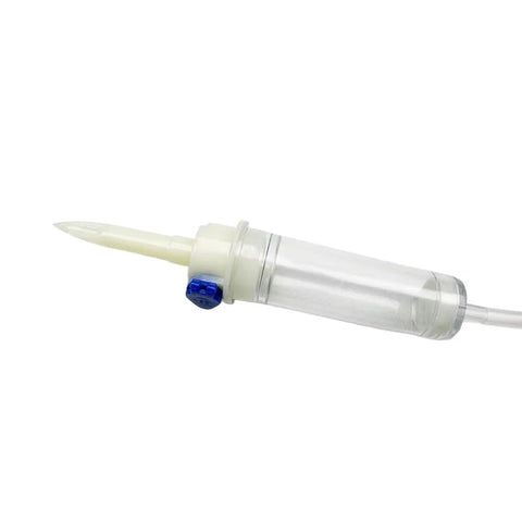 IV extension set with sterile tubing and clear plastic connector, blue knob, 12 pcs per box, side view
