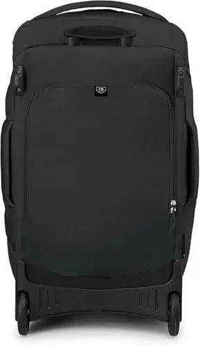 Front view of Black Osprey Sojourn Shuttle 30in, Rugged 100L Wheeled Duffel with Wingjacket Compression and Oversized 110mm Wheels.