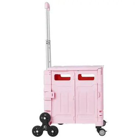 Side view of Foldable Utility Cart 65L Portable Crate Rolling Cart With Stair Climbing Wheels And 360 Degree Swivel Wheels, pink color.