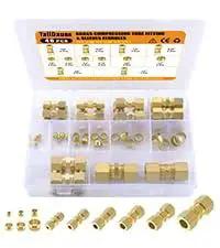 Brass Compression Tube Fittings Kit 46 Piece Set for DIY Plumbing Projects Includes 1/8in 3/16in 1/4in 5/16in 3/8in and 1/2in OD Unions