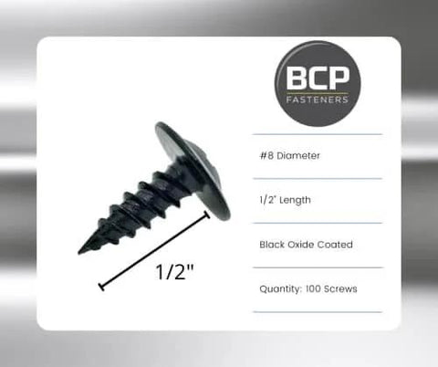 Close-up of Small Black Phosphate Self Tapping Screws For Wood And Metal, Size Eight By One Half Inch, Phillips Modified Truss Head.