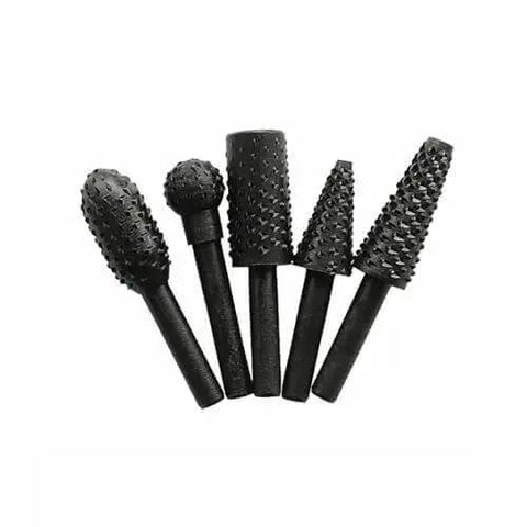 Five Piece Rotary Burr Set For Carving And Grinding With Five Shaped Bits For Wood Metal And Plastic Detailing Perfect For DIY Projects And Crafts In A Durable Black Finish And Built To Handle Heavy Duty Material Removal Like A Boss shown in black finish