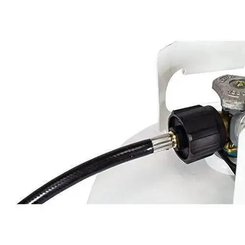 Propane Hose 1lb To 20lb Adapter For 12 Foot Connection, hose connected to large LP tank valve, close-up view.