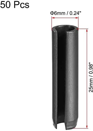 Front view of Slotted Spring Pin 6mm By 25mm Plain Finish 65Mn Roll Assortment Kit With 50 Pieces for small machine projects.