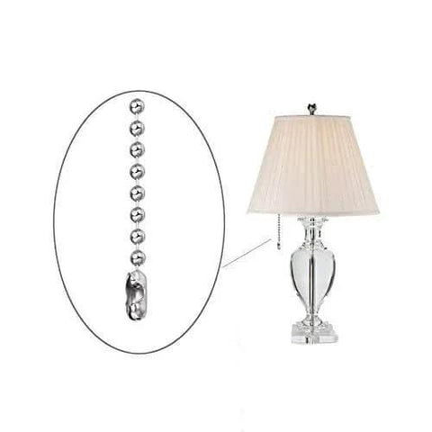 Stainless Steel Ball Chain 3.2mm Pull Chain 36 Inch used on a table lamp, rustproof, with connector shown up close, 2 pack available.