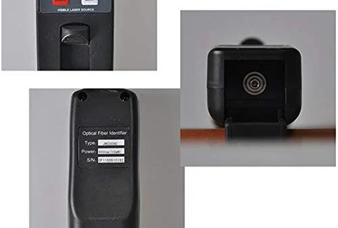 D YEDEMC optical fiber identifier with built-in VFL, 800-1700 nm; handheld FTTH tool, front, side, and back views.