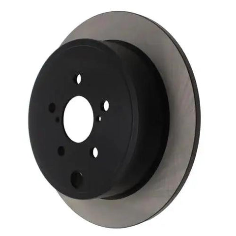 Rear brake rotor with black center hub and silver disc, front view